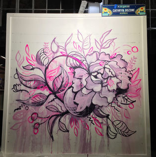 Purple and pink flowers intertwine with black outlines. The paint drips down the canvas adding to the chaotic composition.