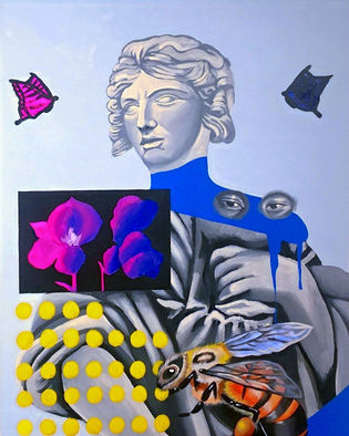 A zoomed-in image of a painted greek statue in black and white surrounded by flowers and a bee.