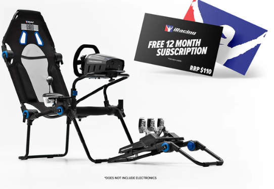F-GT Lite iRacing Edition simulator with adjustable racing seat, pedals, and steering wheel for realistic iRacing experience