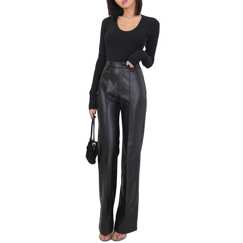 Women’s Casual Wide‑Leg Black PU Leather Trousers Long Pants