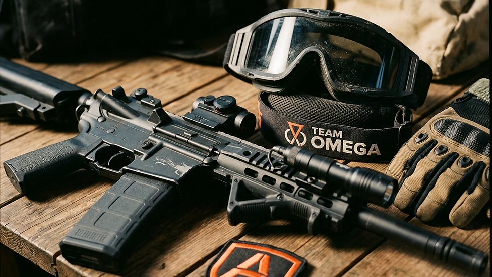 Close-up view of airsoft gear including goggles and replica gun on a table