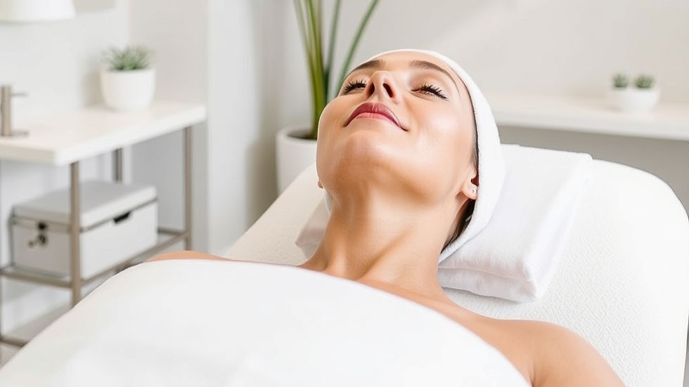 A woman with a headband relaxes on a spa bed, surrounded by a bright, minimalistic setting with plants and soft furnishings.