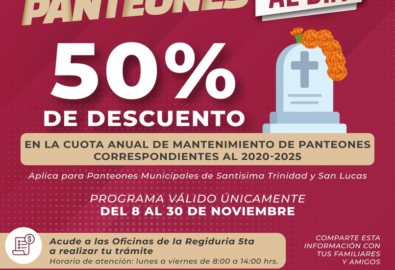 Aprueban descuento del 50% en pagos atrasados de panteones