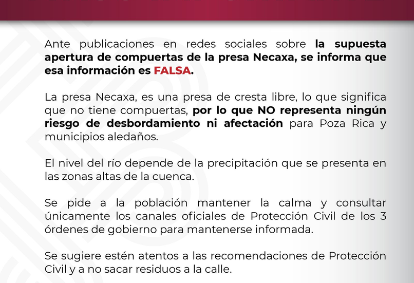 Protección Civil desmiente rumores sobre apertura de compuertas en la presa Necaxa