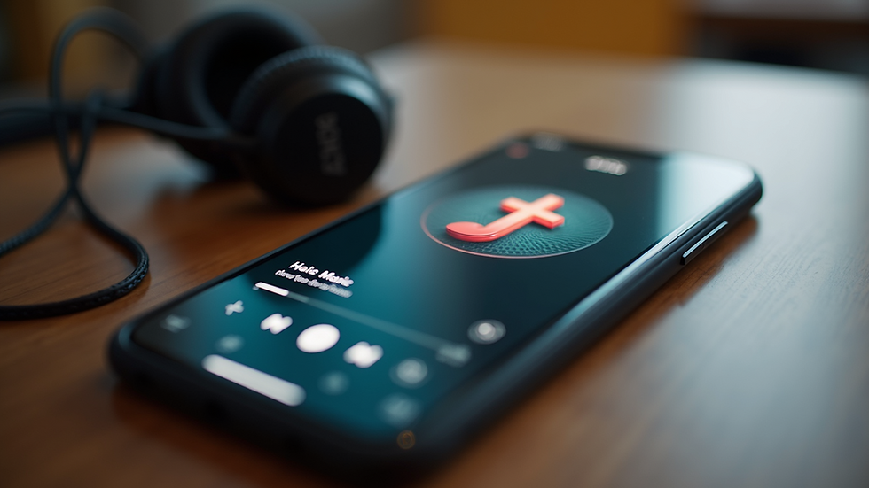 Close-up view of a smartphone displaying a Christian music app with headphones nearby