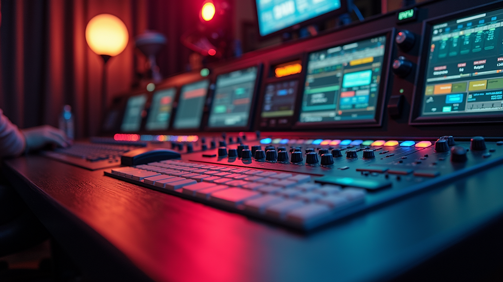 High angle view of a radio broadcasting console with colorful lights