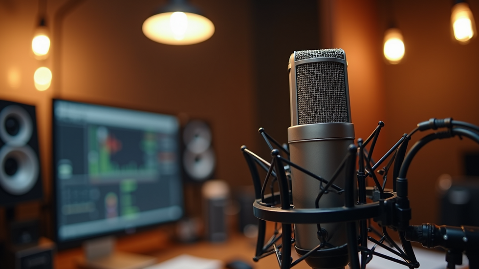 Eye-level view of a radio studio microphone with soft lighting