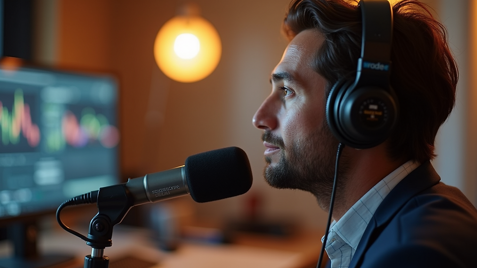 Close-up view of a radio host speaking into a microphone in a studio