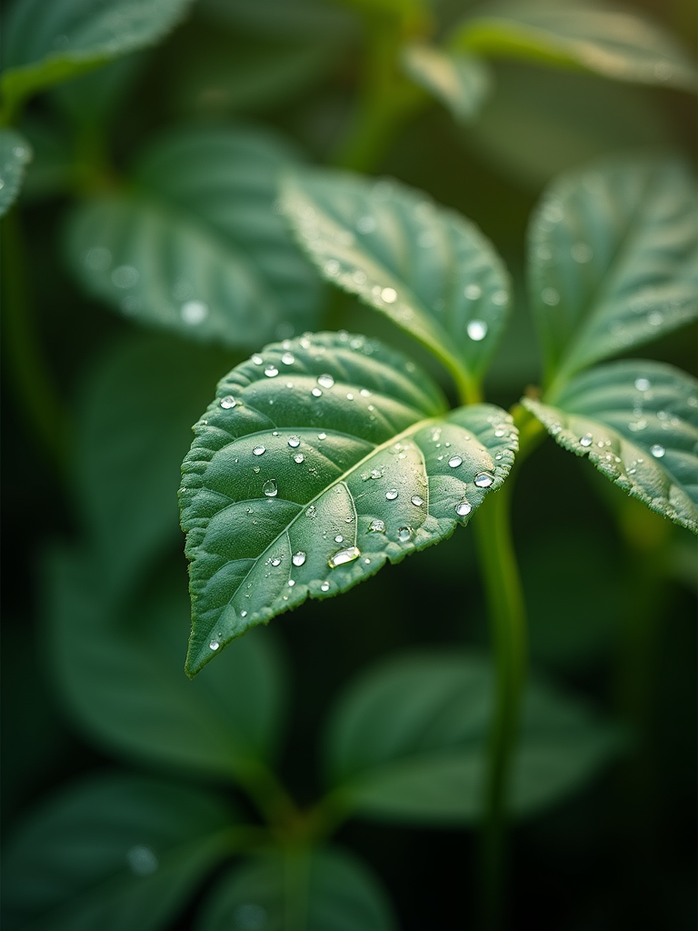 Macro shot of a fresh green leaf with dew drops signifying natural freshness.