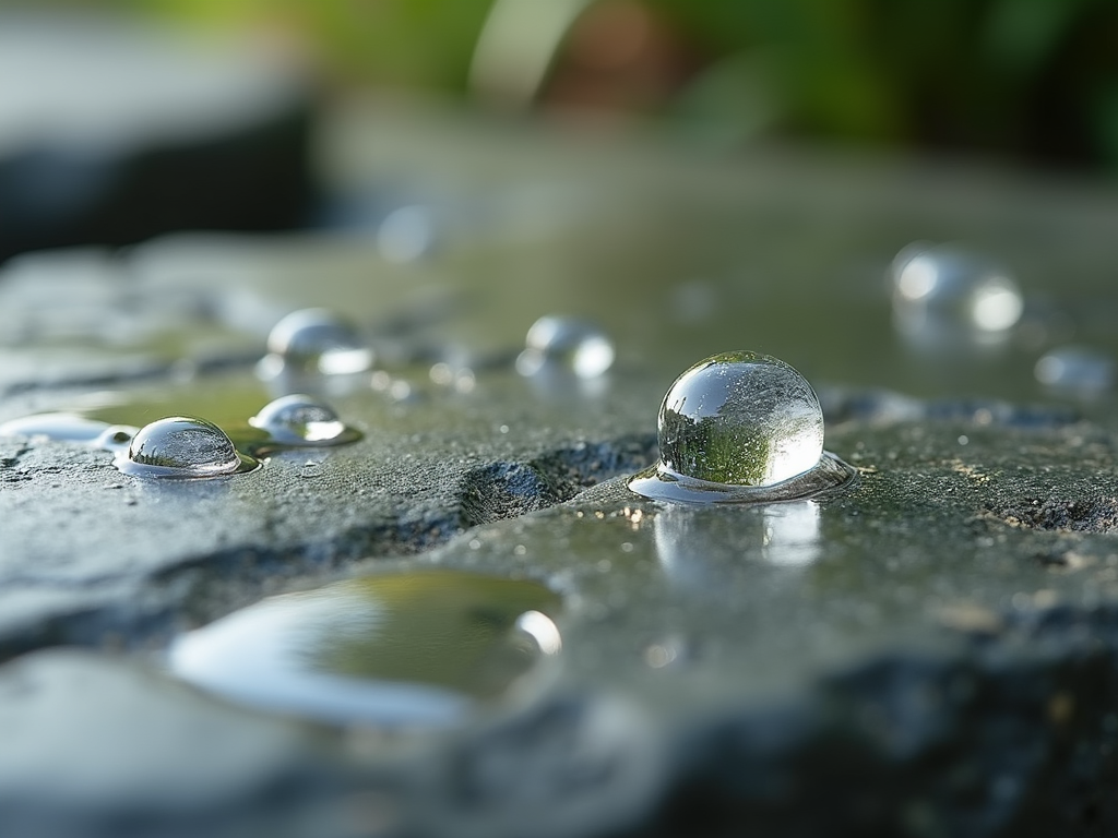 Elegant droplets of clear serum resting on a natural stone surface representing purity.