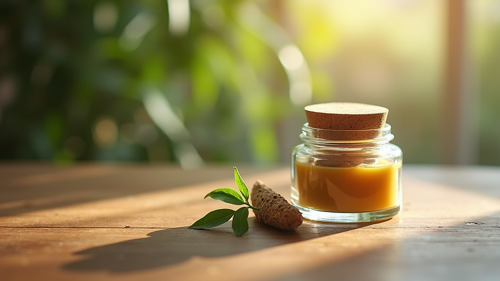 Eye-level view of a jar with natural face mask ingredients on a wooden table