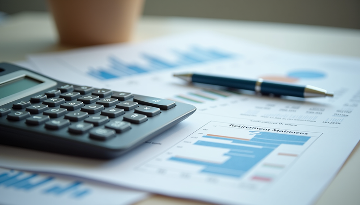 Close-up view of a calculator and retirement planning documents