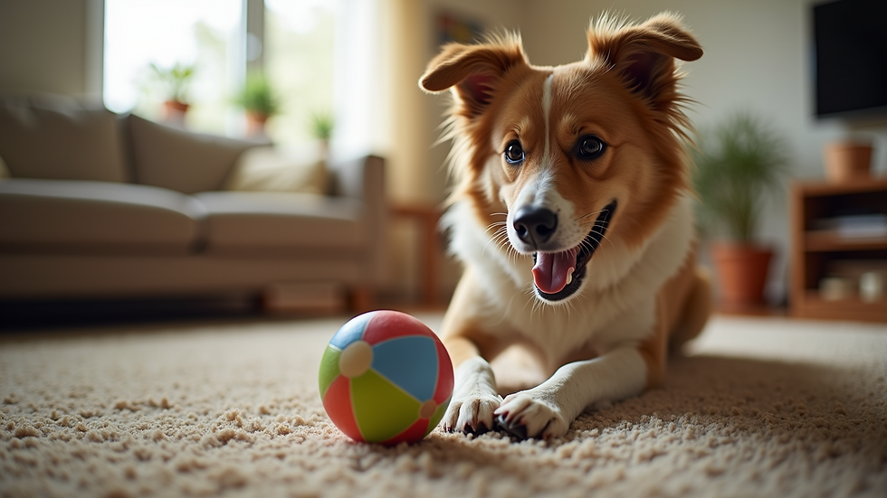 High angle view of a dog playing with a colorful toy in a living room