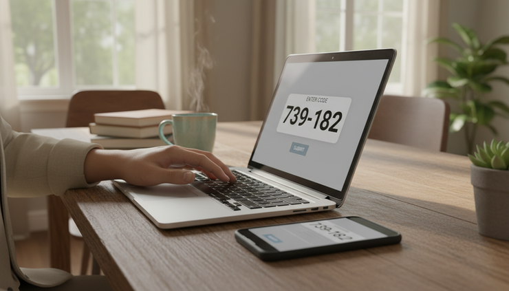 Eye-level view of a hand hovering above a laptop keyboard with a phone verification code visible nearby
