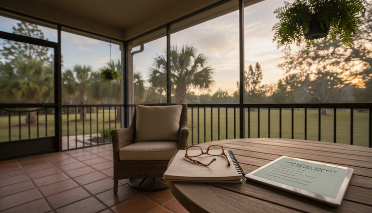 Wide-angle view of a quiet Florida porch with a notebook, reading glasses, and a tablet showing a financial safety checklist