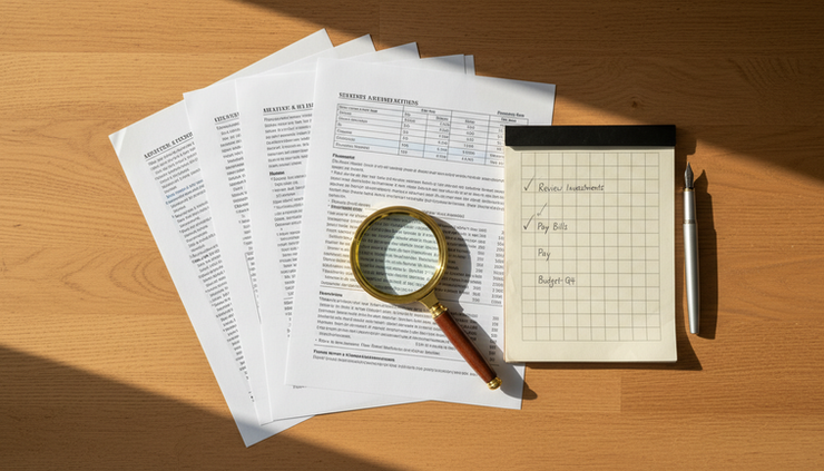 Overhead view of printed financial documents with a magnifying glass and a handwritten checklist