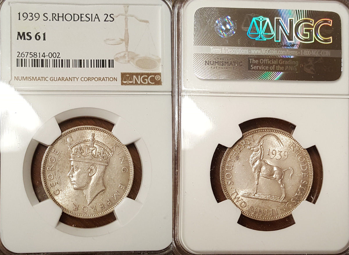 South Rhodesia 1939 2 Shilling Rare Key Date, NGC 61,Highest Graded, NGC/PCGS