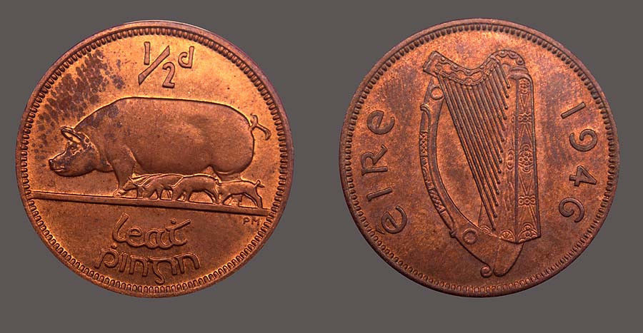 Ireland 1946 Half Penny, Rare CHUnc, Red/Brn, Sharp Detail, Key Date, Low Mtg