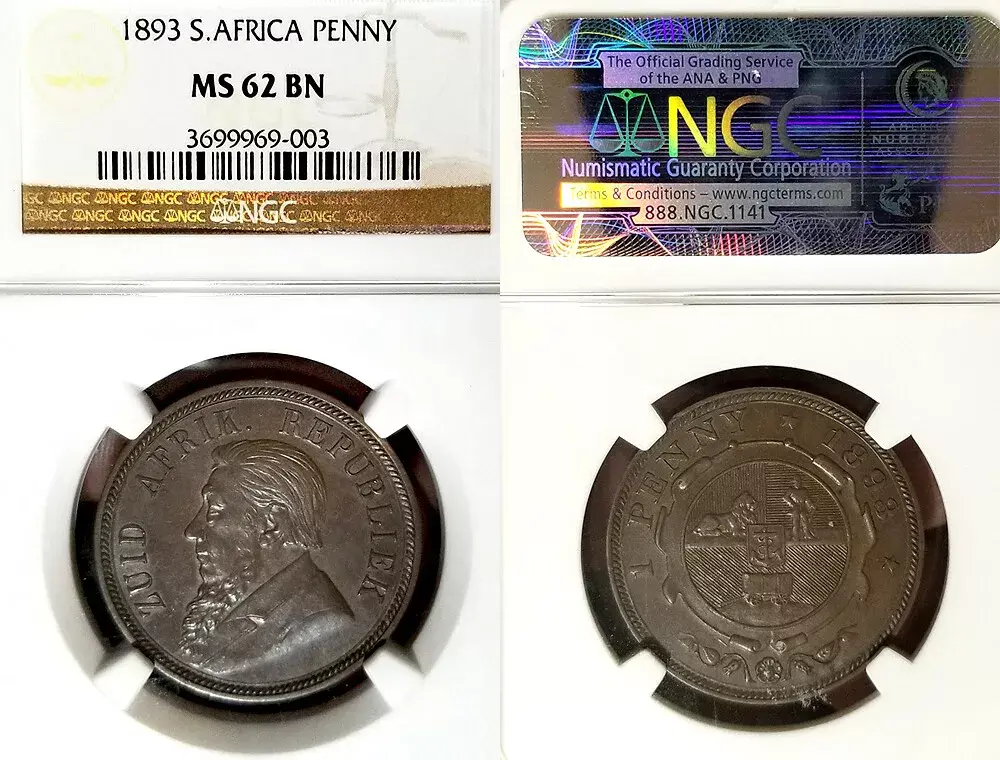 South Africa 1893 Penny, Ext Rare, Superb Certified NGC 62 BN, Key Date, Beauty