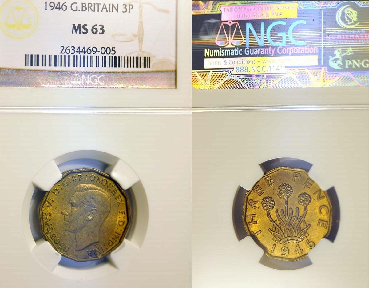 Great Britain 1946 3 Pence Rare Key Date, NGC 63, Highest Graded by NGC