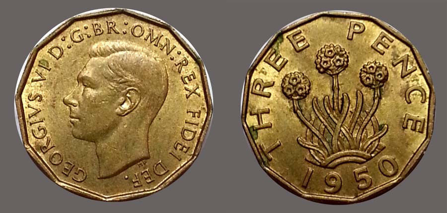 Great Britain 1950 3 Pence , Rare, Semi-Key Date, Low Mintage, Choice BU