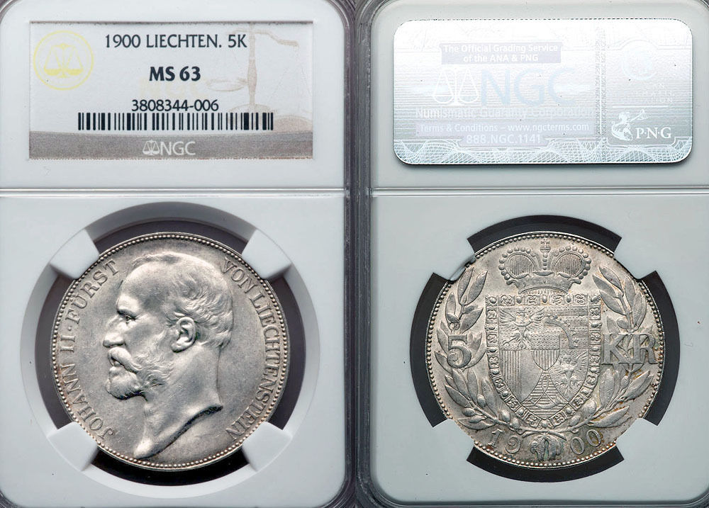 Liechtenstein 1900 5 KR, Rare Superb NGC 63, Key Date, Low Mintage 5,000 pcs