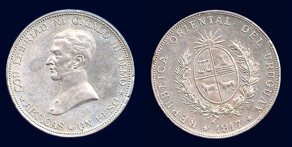 Uruguay 1917 Peso, Oriental, Rare Ch AU/Unc, Full Hair Detail, Sharply Struck