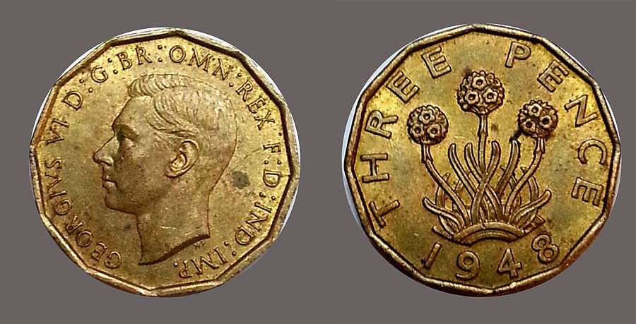 Great Britain 1948 3 Pence Nice CH Unc, Yellow, Scarce, Semi Key Date