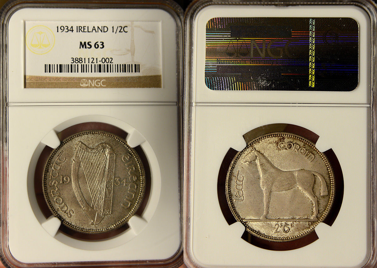 Ireland 1934 Half Crown, Rare Gem BU, NGC 63, Beauty Semi-Key Date, Small Pop