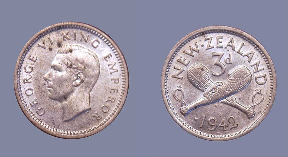 New Zealand 1942 3 Pence, One Dot Variety, Rare High Grade, CH Lustrous AU, Key