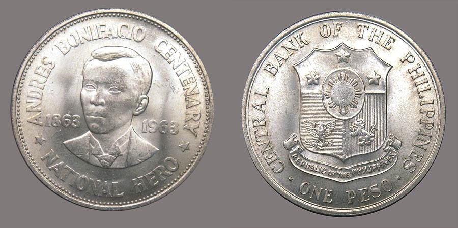 Philippines 1963 Peso, Gem BU, Scarce Grade, Bonifacio Centenary, Frosty Fields
