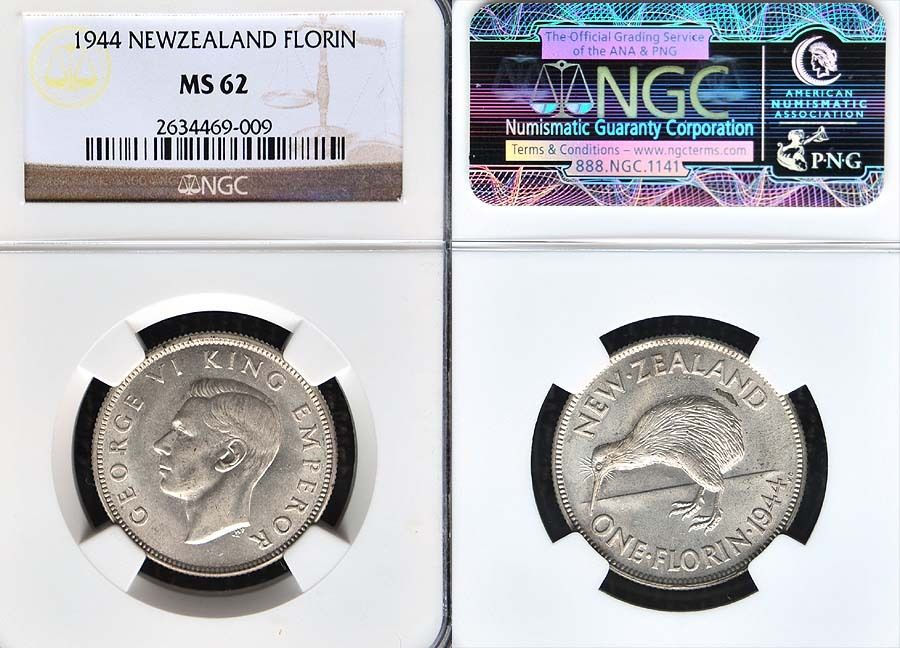 New Zealand 1944 Florin, Rare Key Date, NGC 62 CHBU, Pop 1, Highest NGC Graded