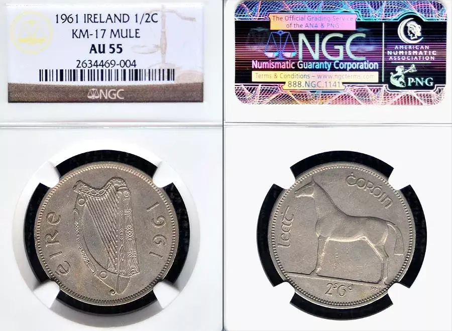 Ireland 1961 Mule Half Crown, Rare High Grade, NGC 55 PQ++, Low Population