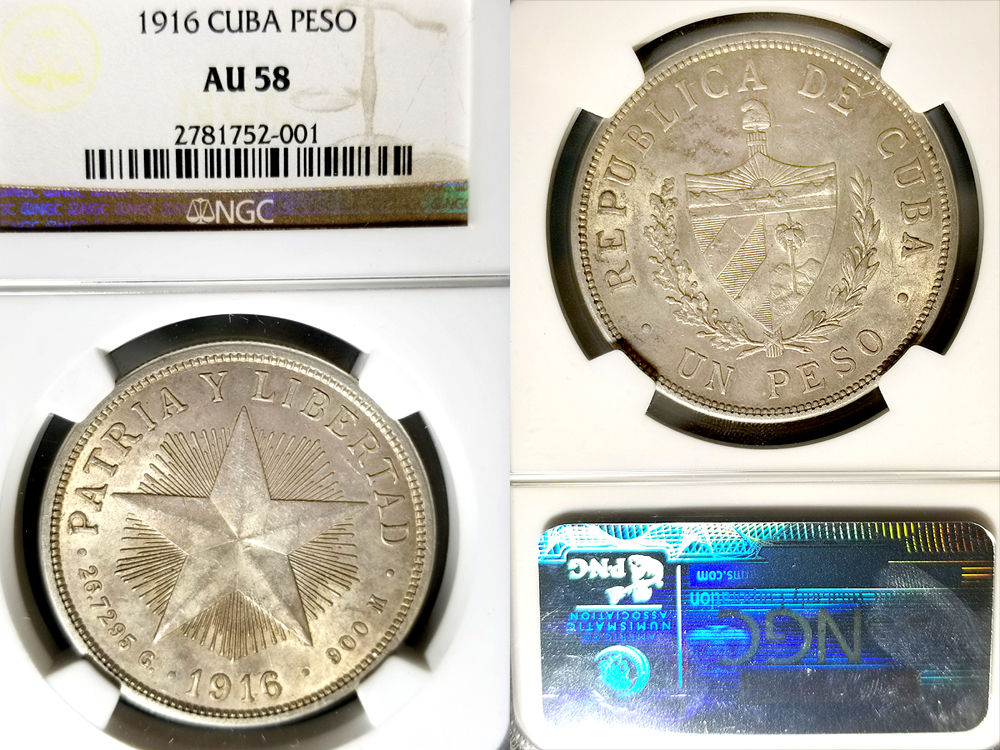 Cuba 1916 Peso, Rare NGC 58, Full Luster/Sharp Strike