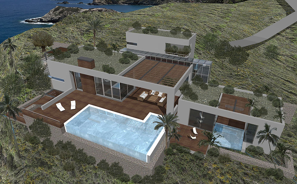Aerial perspective with wooden pergolas and an infinity pool