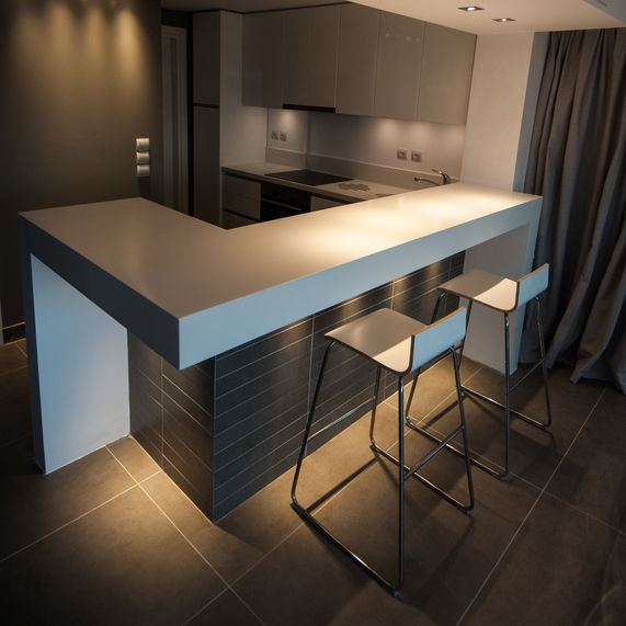 kitchen counter interior design photo, architecture, white counter tiled floor, modern design and lighting