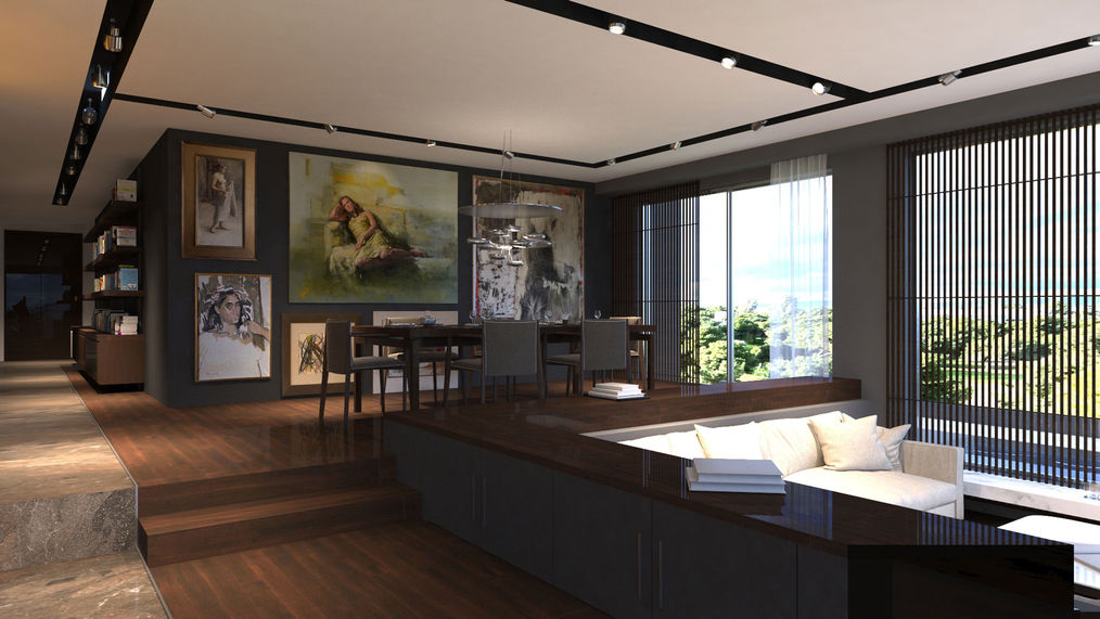 3d διαμερισματος με θεα τη ριβιερα , πρασινο παρκο, σαλονι με στοιχειο νερου, ανοιχτωσια , μινιμαλ , διαχωριστικα σκιαστρα