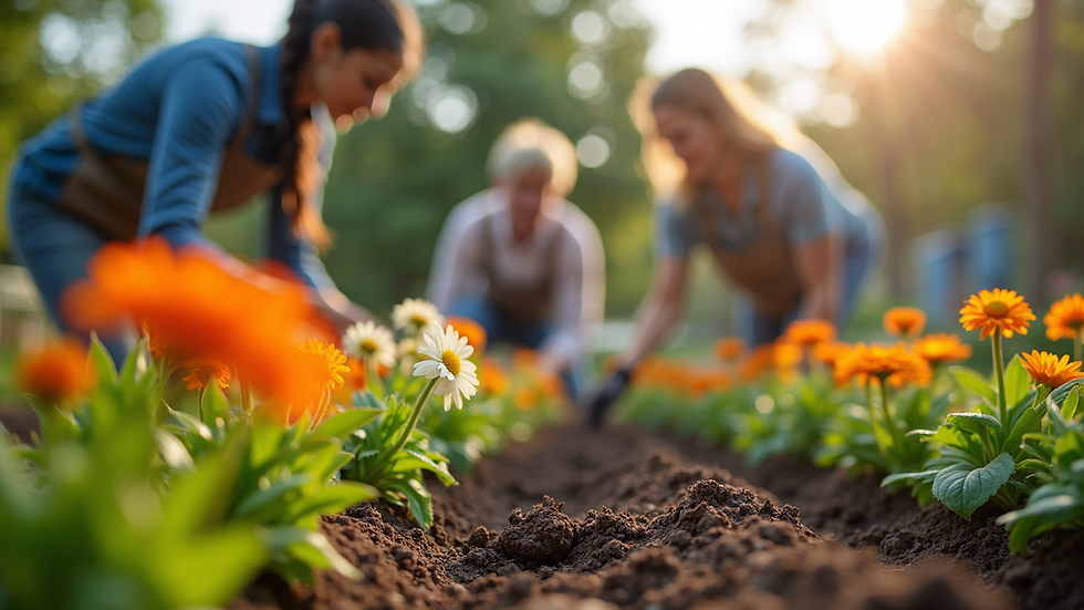Eye-level view of a community garden with volunteers planting flowers