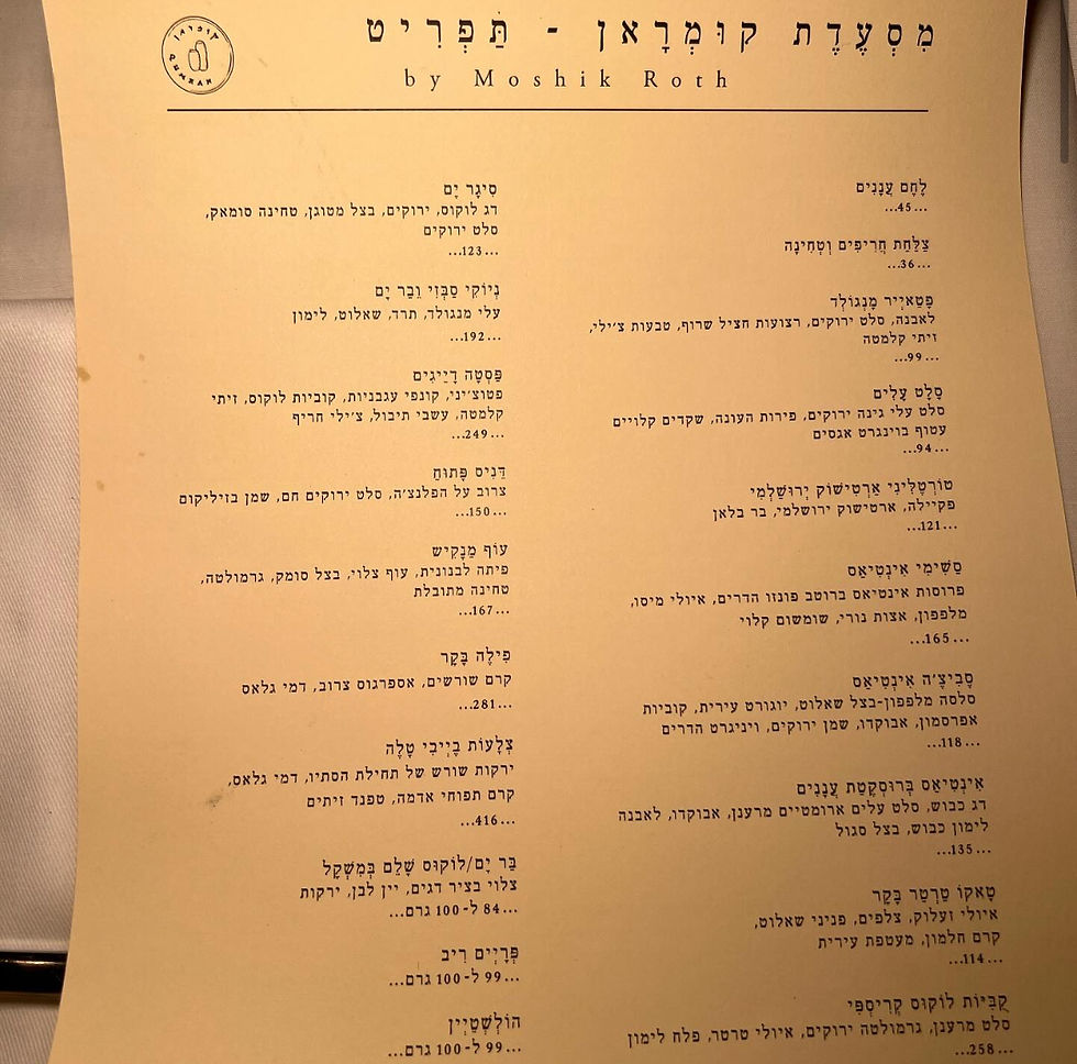 הגעתי למסעדת קומראן, מסעדה כשרה שלא מזמן עברה ייעוץ ובניית תפריט של השף מושיק רוט, פרט שגם כתוב על התפריט ומוזכר על ידי המלצרית בעת תחילת קבלת השירות.
זאת מסעדה שנפתחה על חורבותיה של מסעדת קוואטרו, השם קומראן לקוח ממערות הקומראן בים המלח בהן התגלו מגילות מדבר יהודה והמסעדה מעוצבת גם בהשראתן. מה לגבי האווירה? תכף נגיע אליה.
נתחיל מזה שעוד לפני שהגעתי אליה שמעתי מכל עבר על יוקר המנות שבתפריט ועל האווירה שמלווה את הארוחה. המנות בהחלט יקרות מאוד, כמעט כל מנה בתמחור של מעל 100₪ ואני אישית נפלתי לצערי בהזמנת מנה ראשונה בעלות של 258₪. קומראן. qumran. האתר של יובי עם כל מה שיאמ, היכנסו וגלו את המסעדות שיובי הכי אהבה ושכל יום בלעדיהן הוא יום מבוזבז, אתר ביקורת מסעדות שף מפיה של לקוחה רעבה במיוחד. Yuvi Yam.