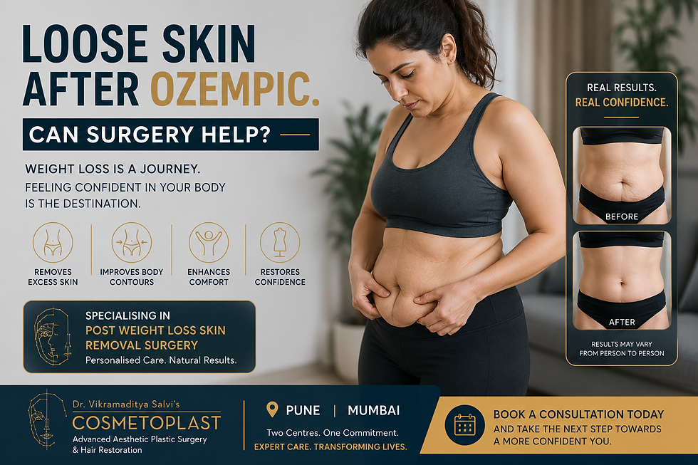 Woman after major weight loss from Ozempic examining loose abdominal skin before consulting a plastic surgeon Dr Vikramaditya Salvi Cosmetoplast, Pune