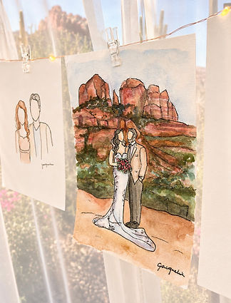 Guest Watercolors painted live in Sedona Arizona. Bride and Groom faceless watercolor painting Snap Chic wedding painters Arizona. Guest Favors
