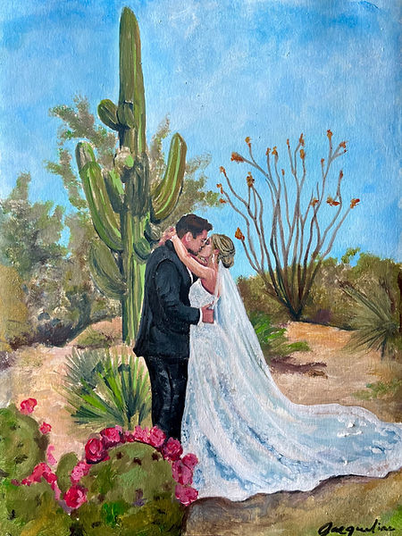 Jacqueline Snap Chic Wedding Painting painted this live at a ceremony at Botanical Gardens in Phoenix Arizona. It is an outdoor scene with Cactus and desert Saguaros. Beautiful Arizona Wedding Painting