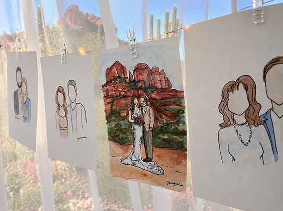 Guest Watercolors painted live in Sedona Arizona. Bride and Groom faceless watercolor painting Snap Chic wedding painters Arizona. Guest Favors