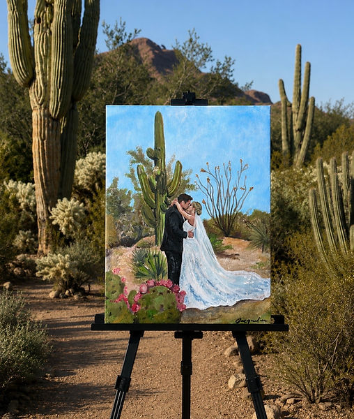 Jacqueline Snap Chic Wedding Painting painted this live at a ceremony at Botanical Gardens in Phoenix Arizona. It is an outdoor scene with Cactus and desert Saguaros. Beautiful Arizona Wedding Painting