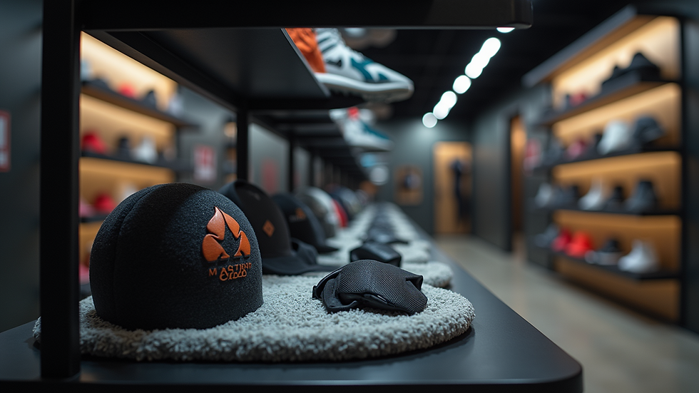 Eye-level view of a custom athletic gear display showcasing various designs