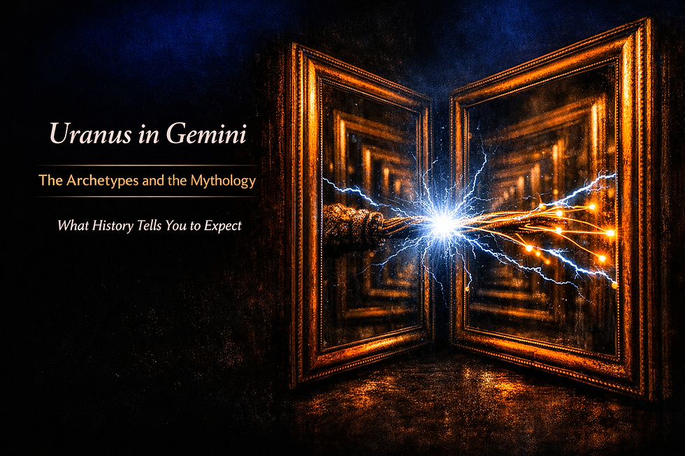 Two bronze mirrors facing each other in infinite but fragmenting reflection with amber light and electric blue static arcing between them, representing the Uranus in Gemini twin archetypes and mythology by Vibrations by Tash