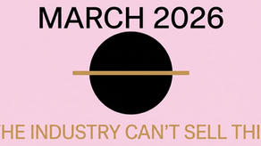 Solid pink background with black circle divided by gold line, "March 2026: The Industry Can't Sell This