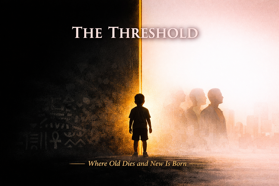 Stark division between darkness and light with gold threshold line and emerging figure at center