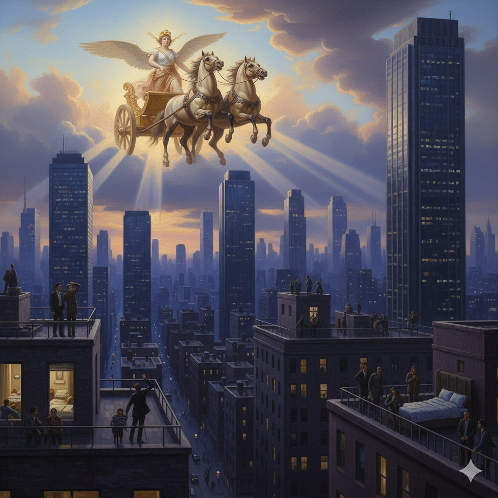 Eos in her chariot driving across a modern cityscape as people below wake or resist, showing the goddess bringing dawn to the contemporary world.