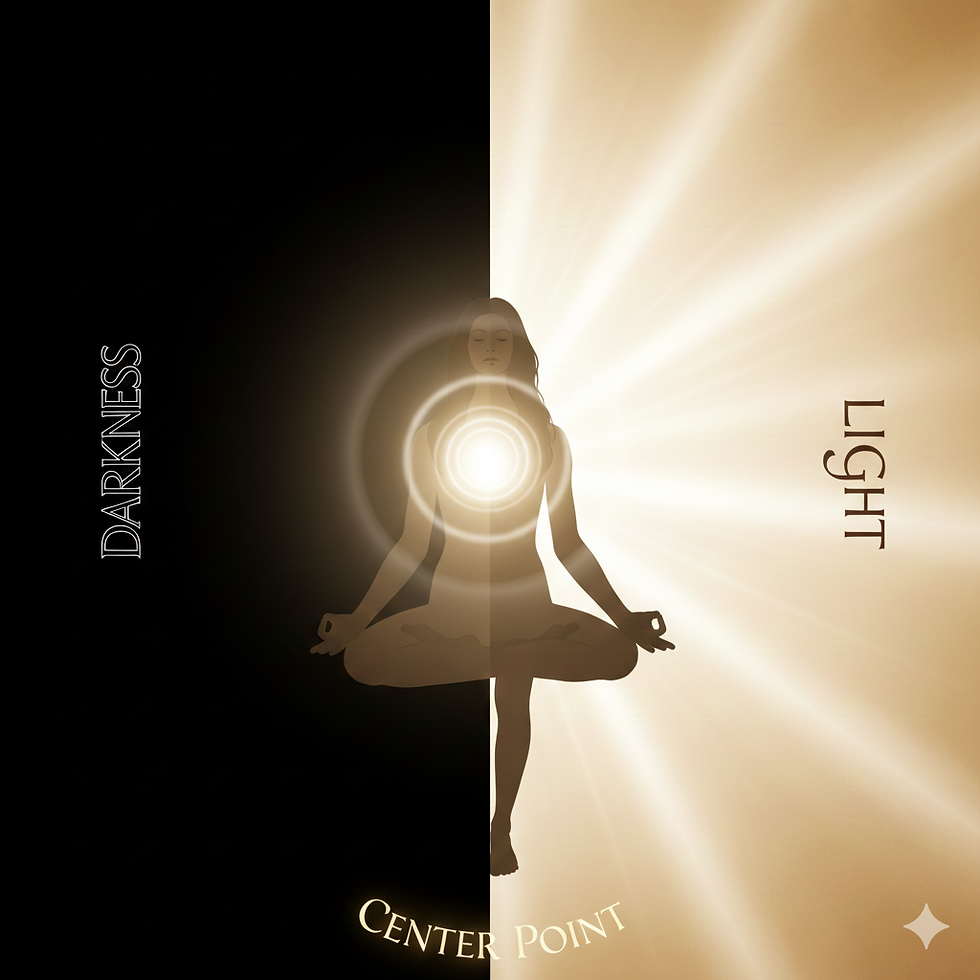 A figure standing in balance between darkness and light, representing integrated consciousness.